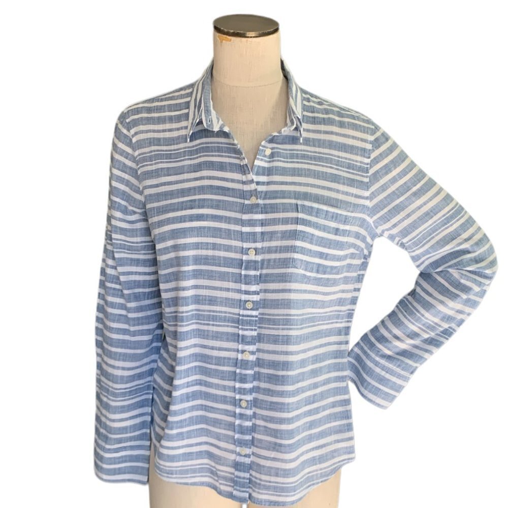 J. Crew The Perfect‎ Shirt Cotton Button Down Sz L Blue & White Striped 118C